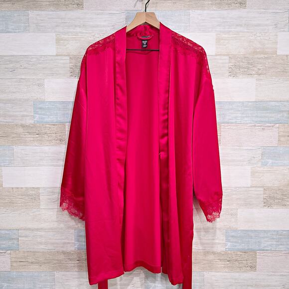 Victorias Secret Satin Lace Lingerie Robe Red Tie Waist Intimates Womens Medium - Picture 2 of 8